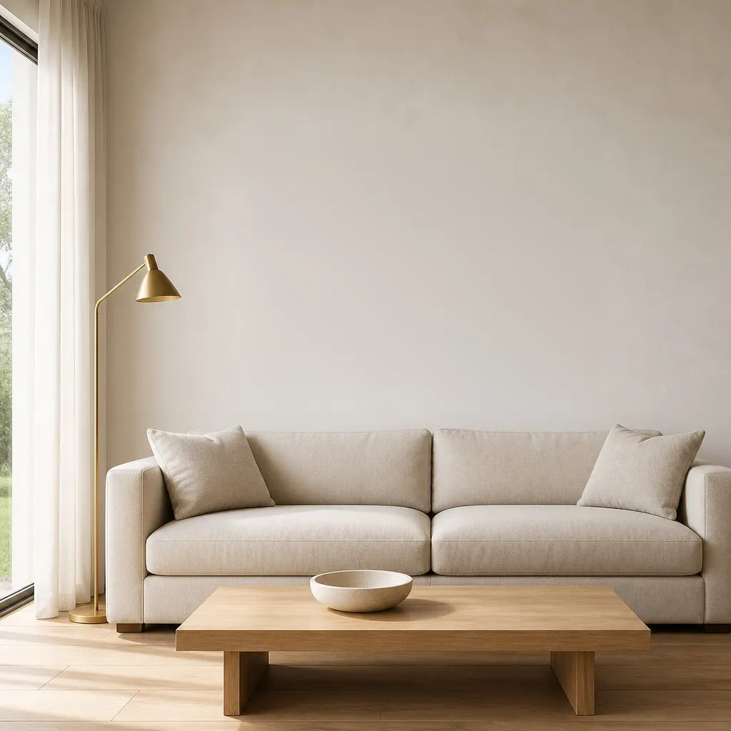 Golden Haze in a dark wood style modern box frame, hanging in a living room