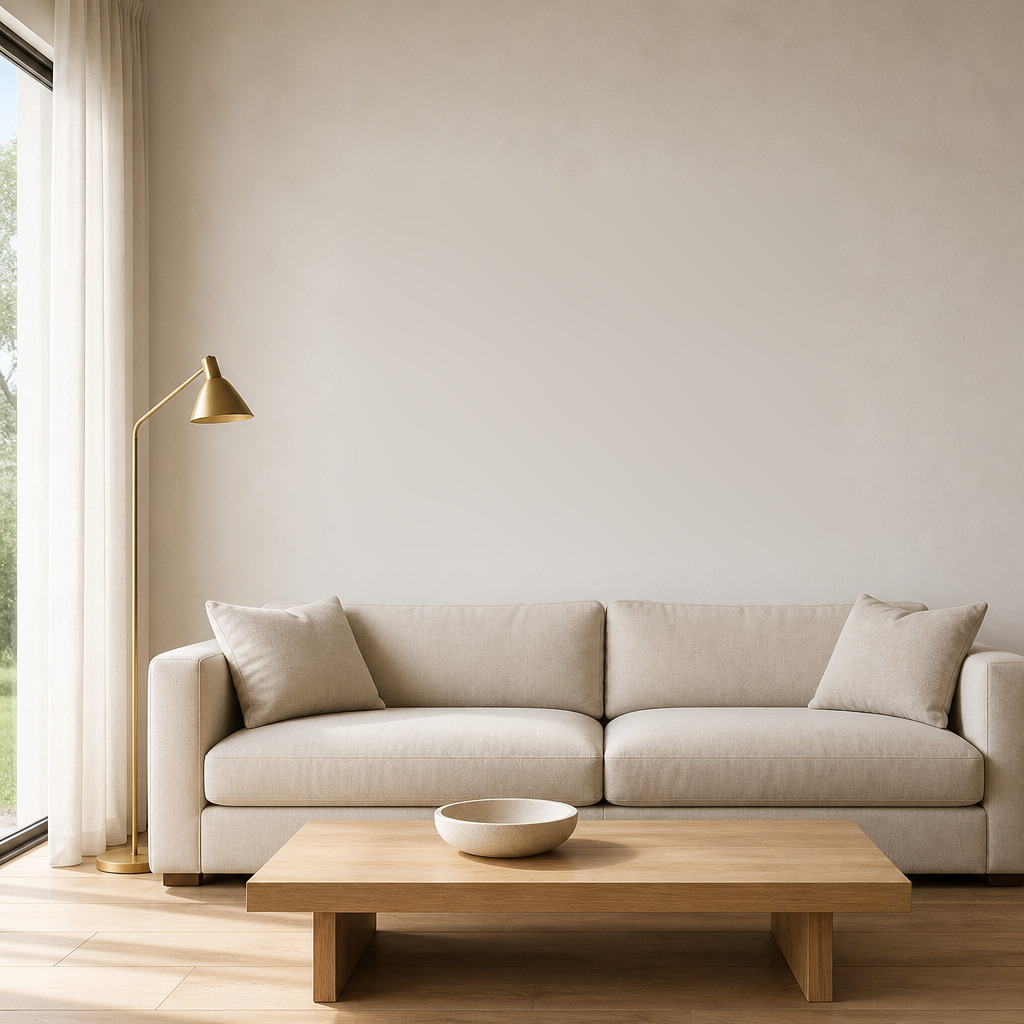 Abstract Landscape in a wood canvas float frame, hanging in a living room